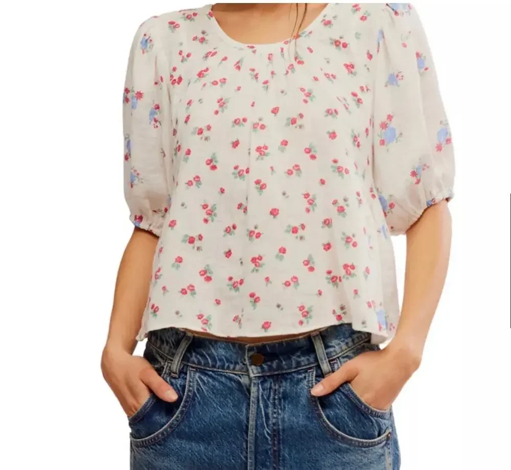 FREE PEOPLE  Chloe Floral Printed Top Tie Open Back OB1960043 TEA COMBO Medium